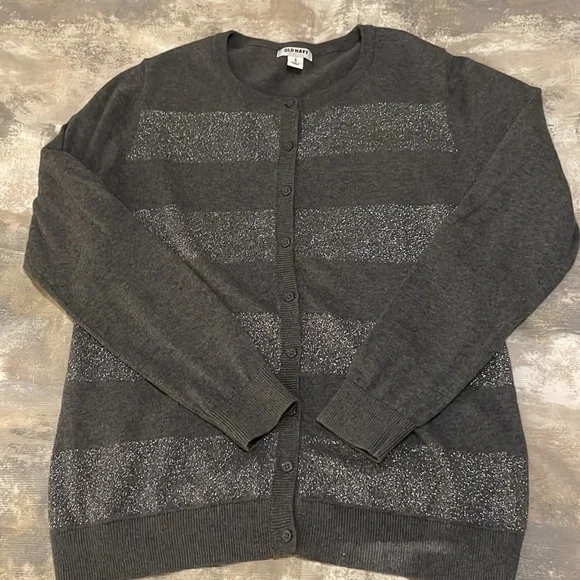 Old Navy Women’s SZ M Grey Striped Metallic Button Down Long Sleeve Cardigan - Picture 11 of 12